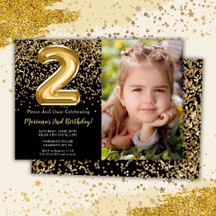 Photo Black Gold Girl 2nd Birthday Party Invitation
