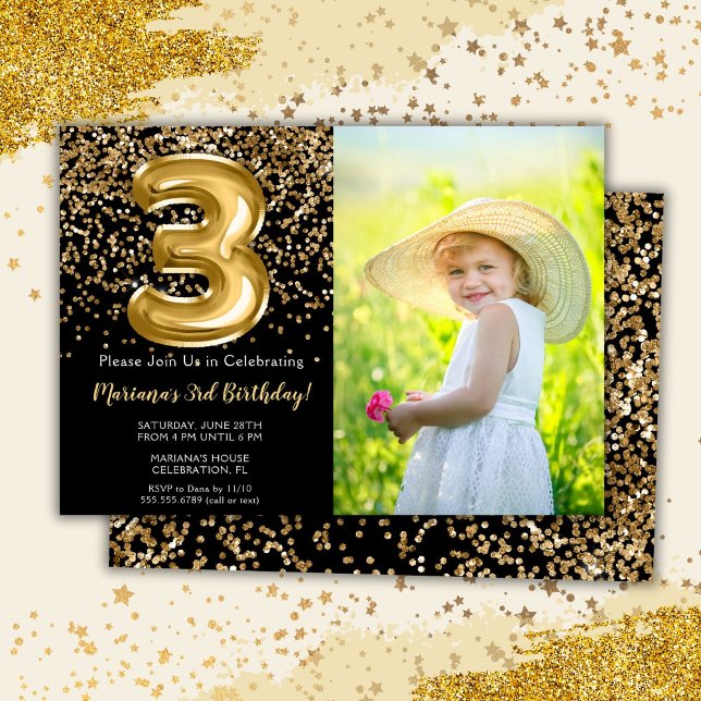 Photo Black Gold Girl 3rd Birthday Invitation (Creator Uploaded)