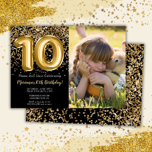 Photo Black Gold Kids Girl 10th Birthday Party Invitation