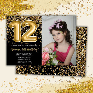 Photo Black Gold Kids Girl 12th Birthday Party Invitation