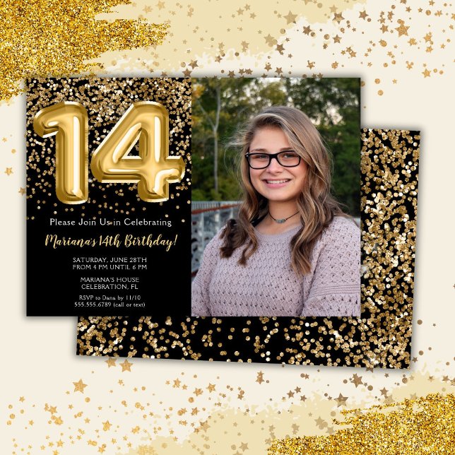 Photo Black Gold Kids Girl 14th Birthday Party Invitation (Creator Uploaded)