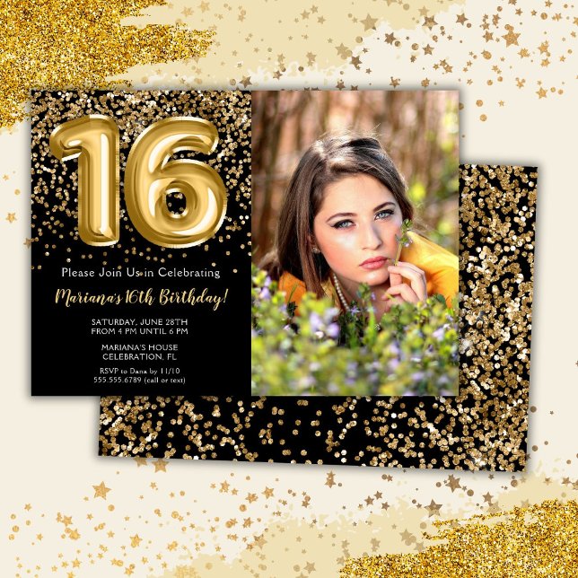 Photo Black Gold Kids Girl 16th Birthday Party Invitation (Creator Uploaded)