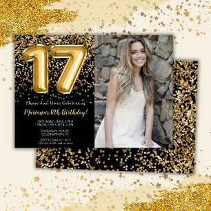 Photo Black Gold Kids Girl 17th Birthday Party Invitation