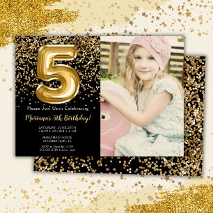Photo Black Gold Kids Girl 5th Birthday Party Invitation