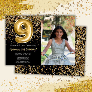 Photo Black Gold Kids Girl 9th Birthday Party Invitation