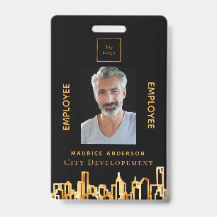 Photo black gold logo city skyline employee ID badge