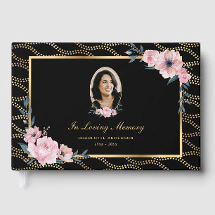 Photo Black Gold Pink Floral Funeral Memorial Guest Book