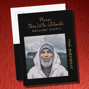 Photo Black Gold Script Birthday Invitation Postcard