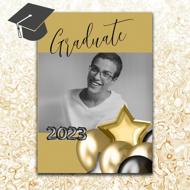 Photo Black Gold Script Calligraphy Balloon  Invitation (Creator Uploaded)