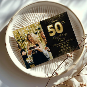 Photo Black Gold Typography Fifty 50th Birthday Invitation