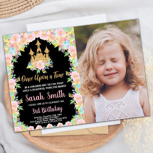 Photo Black Golden Princess Birthday Invitations
