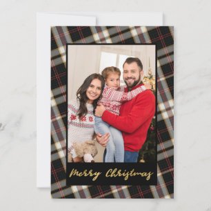 Photo Black Grey Plaid Gold Script Christmas Holiday Card