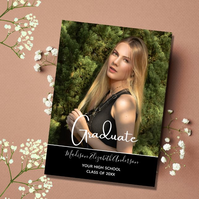 Photo Black Modern High School Graduation Party Invitation (Creator Uploaded)