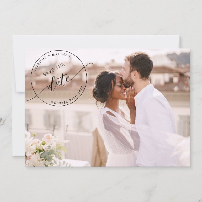 Photo, Black Monogram Stamp Photo Overlay Wedding Save The Date (Front)