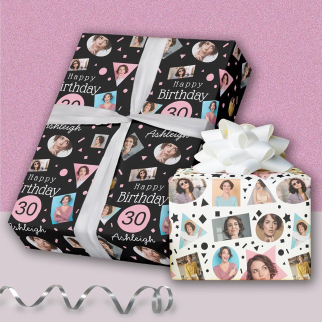 Photo Black Pink Confetti Name 30th Birthday  Wrapping Paper (Creator Uploaded)