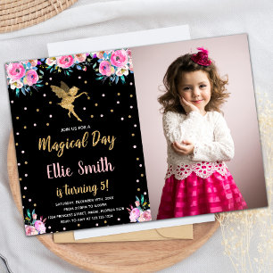 Photo Black Pink Floral Fairy Birthday Invitations
