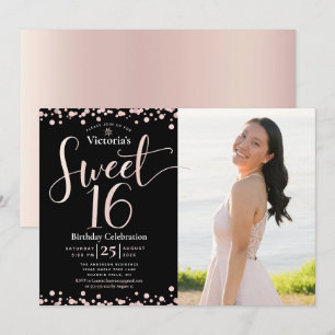 Photo Black Pink Rose Gold Sweet 16 Birthday Glam Invitation