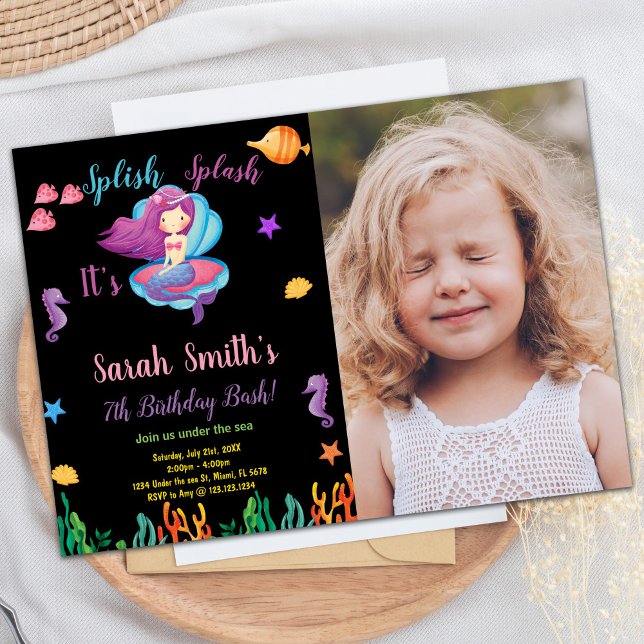 Photo Black Purple Shell Mermaid Birthday Invitation (Photo Black Purple Shell Mermaid Birthday Invitation)