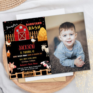 Photo Black Red Farm Animals Birthday Invitations
