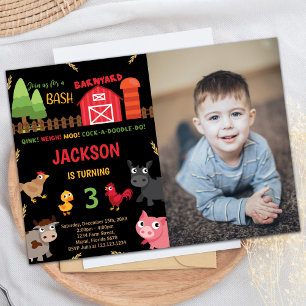 Photo Black Red Farm Animals Birthday Invitations