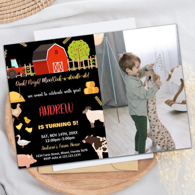 Photo Black Red Green Farm Animals Birthday Invitation (Photo Black Red Green Farm Animals Birthday Invitation)