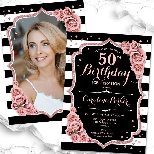 Photo Black Rose Gold 50th Birthday Invitation (Creator Uploaded)