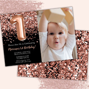 Photo Black Rose Gold Glitter1st Birthday Invitation