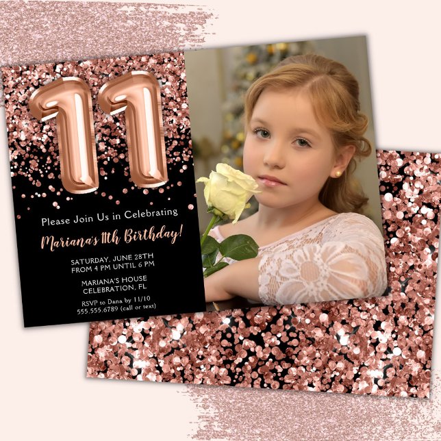 Photo Black Rose Gold Glitter 11th Birthday Invitation (Creator Uploaded)