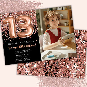 Photo Black Rose Gold Glitter 13th Birthday Party Invitation