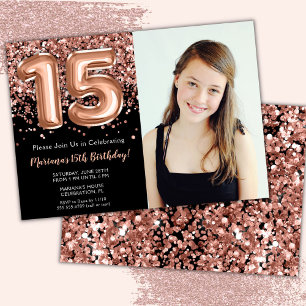 Photo Black Rose Gold Glitter 15th Birthday Party Invitation