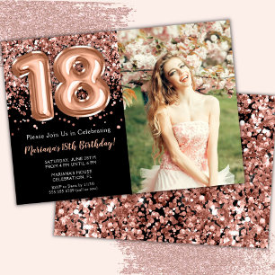 Photo Black Rose Gold Glitter 18th Birthday Invitation