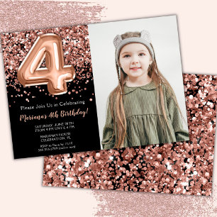 Photo Black Rose Gold Glitter 4th Birthday Invitation