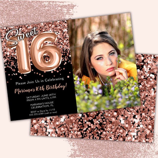 Photo Black Rose Gold Sweet 16th Birthday Party Invitation (Creator Uploaded)