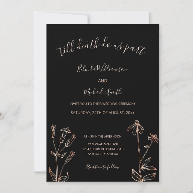 PHOTO | Black Rose Gold Wildflower | Goth Wedding  Invitation (Front)