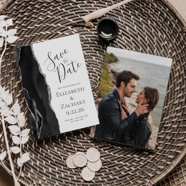 Photo Black Silver Agate Save the Date Invitation (Creator Uploaded)