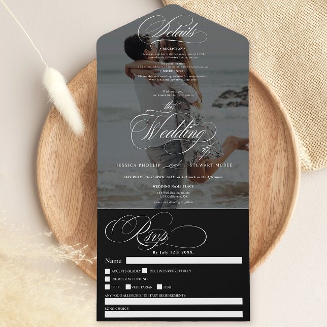 Photo black simple elegant calligraphy wedding all in one invitation (Photo black simple elegant calligraphy wedding all in one invitation)