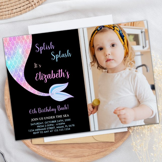 Photo Black Splash Splish Mermaid Birthday Invitation (Photo Black Splash Splish Mermaid Birthday Invitation)