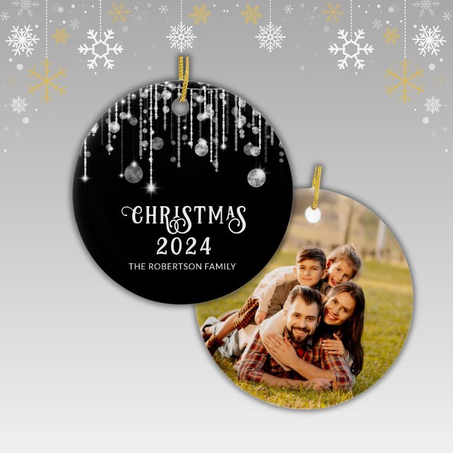 Photo Black String Lights Christmas Party Ceramic Ornament (Creator Uploaded)