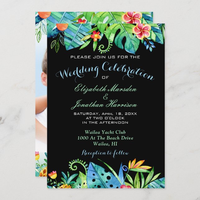Photo Black Tropical Watercolor Floral Wedding Invitation (Front/Back)