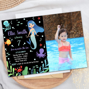 Photo Black Under the sea Mermaid Birthday Invitation