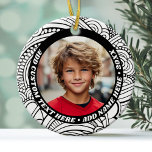 Photo - Black White Abstract Border - Retro Text Ceramic Ornament<br><div class="desc">A single photo with a whimsical abstract black and white border. Add custom text around the photo in a retro,  funky type. The ornament is single sided.</div>