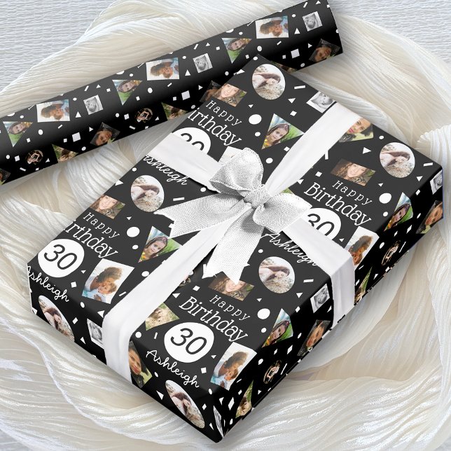 Photo Black White Confetti Name 30th Birthday  Wrapping Paper (Creator Uploaded)