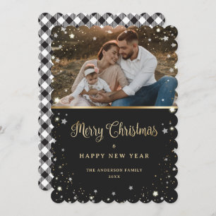 Photo Black White Gold Snow Stars Plaid Holiday Card