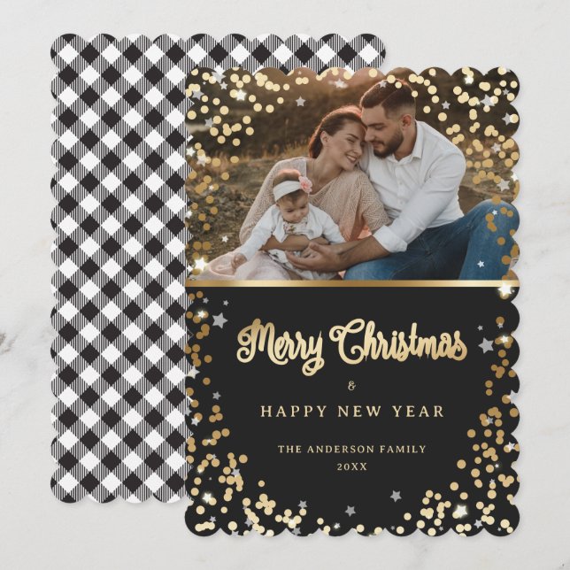 Photo Black White Gold Snow Stars Plaid Holiday Card (Front/Back)