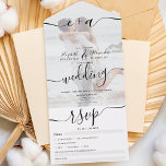 Photo black white initials script wedding all in one invitation<br><div class="desc">Chic black white elegant classic call in one calligraphy wedding invitation with rsvp,  accommodations,  details,  and more info. With a modern and trendy script,  add your photo,  add your initials.</div>