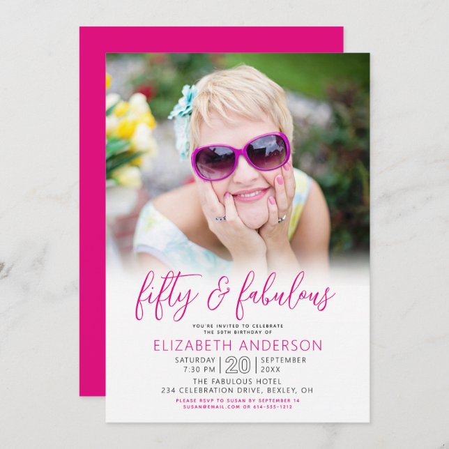 Photo Black White Pink 50 Fabulous Birthday Modern Invitation (Front/Back)