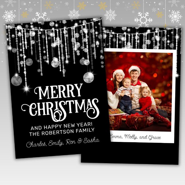 Photo Black White String Lights Christmas Card (Creator Uploaded)