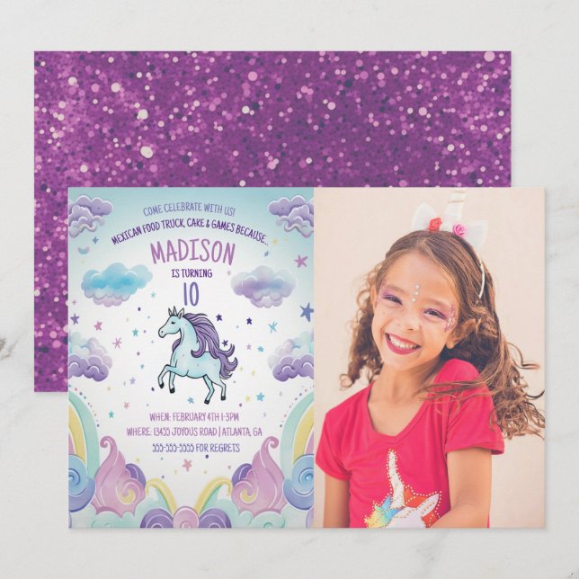 Photo Blue and Purple Unicorn Birthday Party Invitation (Front/Back)