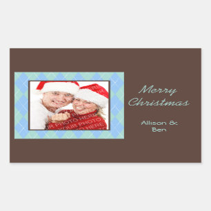 Photo blue argyle Merry Christmas large sticker
