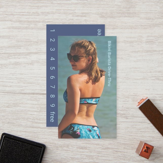 Photo Blue Bikini Coffee Drive-Thru Loyalty Card (Front/Back In Situ)